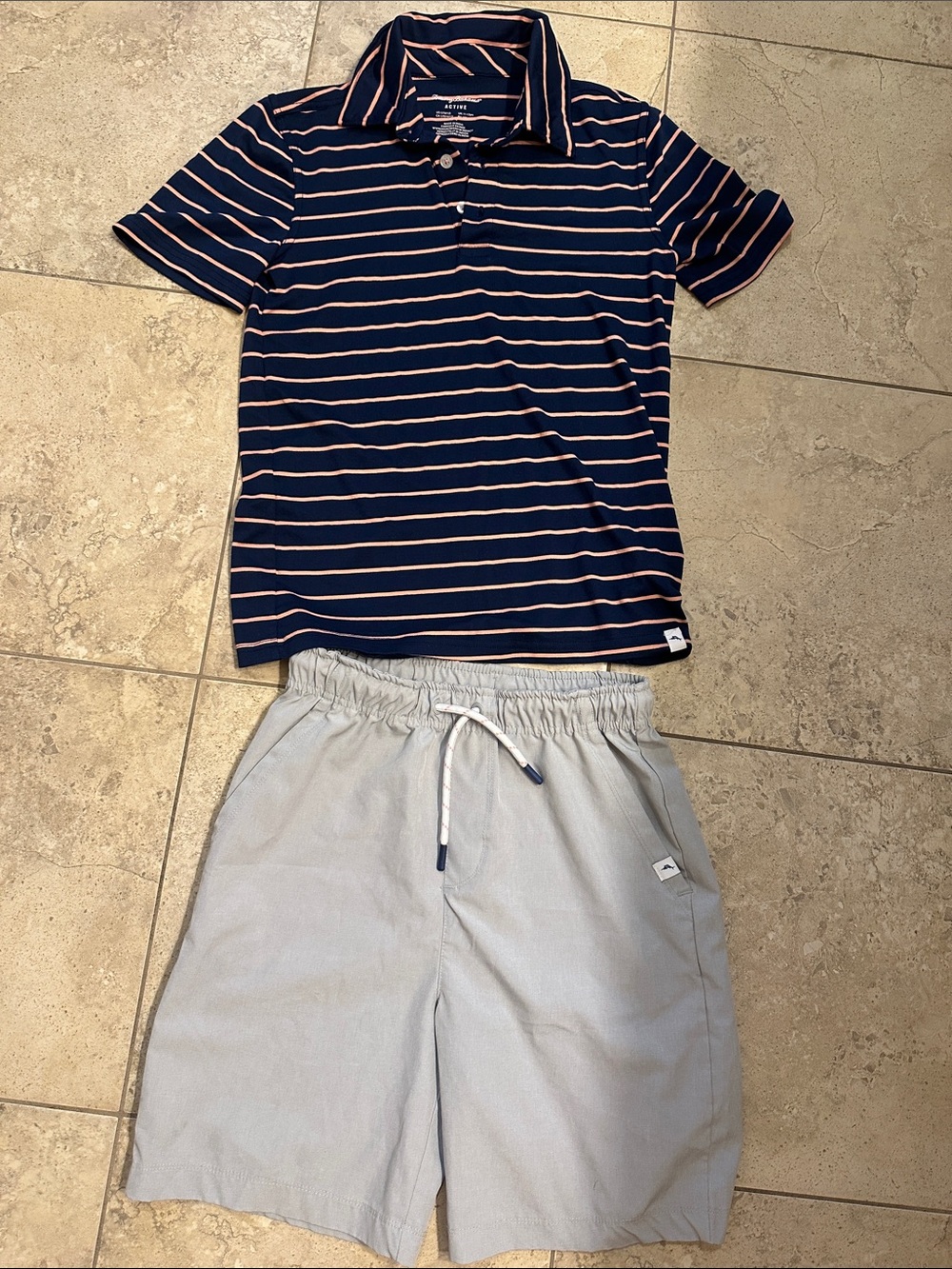 Tommy Bahama Navy and Light Gray Striped Hybrid Shorts and stripped shirt
